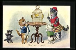 Drei vermenschlichte Katzen an einem Vog