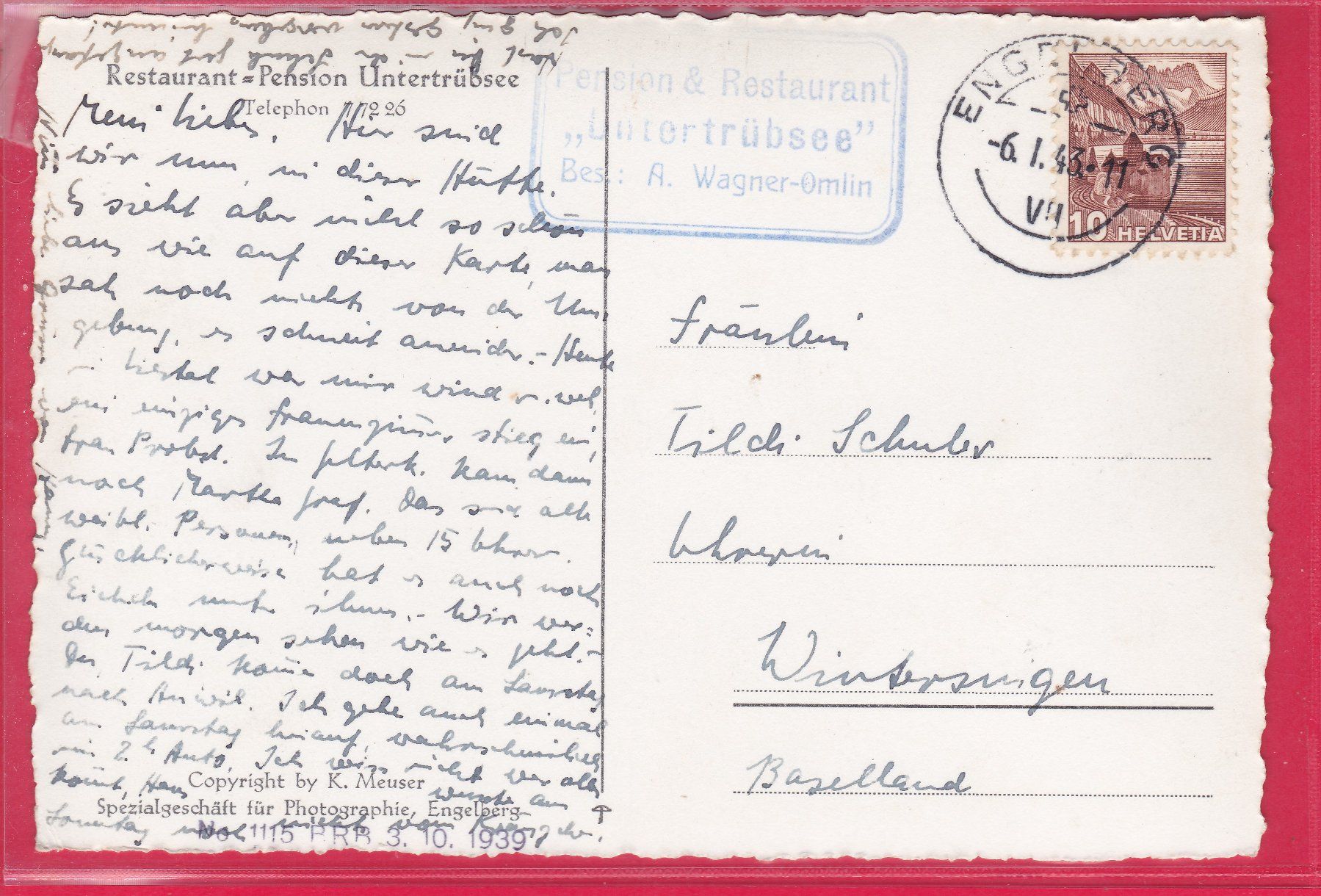 Ansichtskarten: RESTAURANT - PENSION UNTERTRÜBSEE, 6.1.1943 – Gebraucht aus Oberrieden von Gebirgsstelze 1