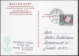 1959 Sonderkarte Gordon Benett Ballonflug ZH-Hedingen ab 1.-