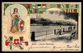 Passepartout-Lithographie Basel, Oberer Rheinweg, Helvetia u
