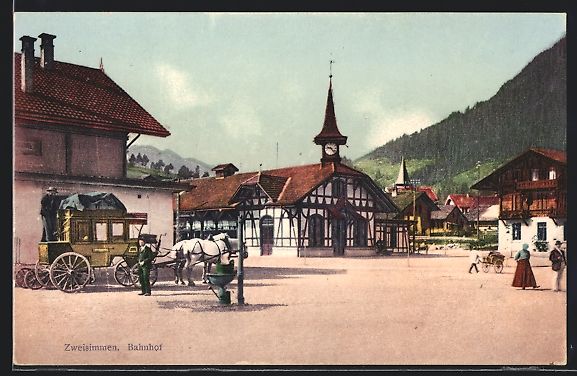 Ansichtskarten: Zweisimmen, Postkutsche vor dem Bahnhof – Gebraucht aus Berlin von bartko-reher