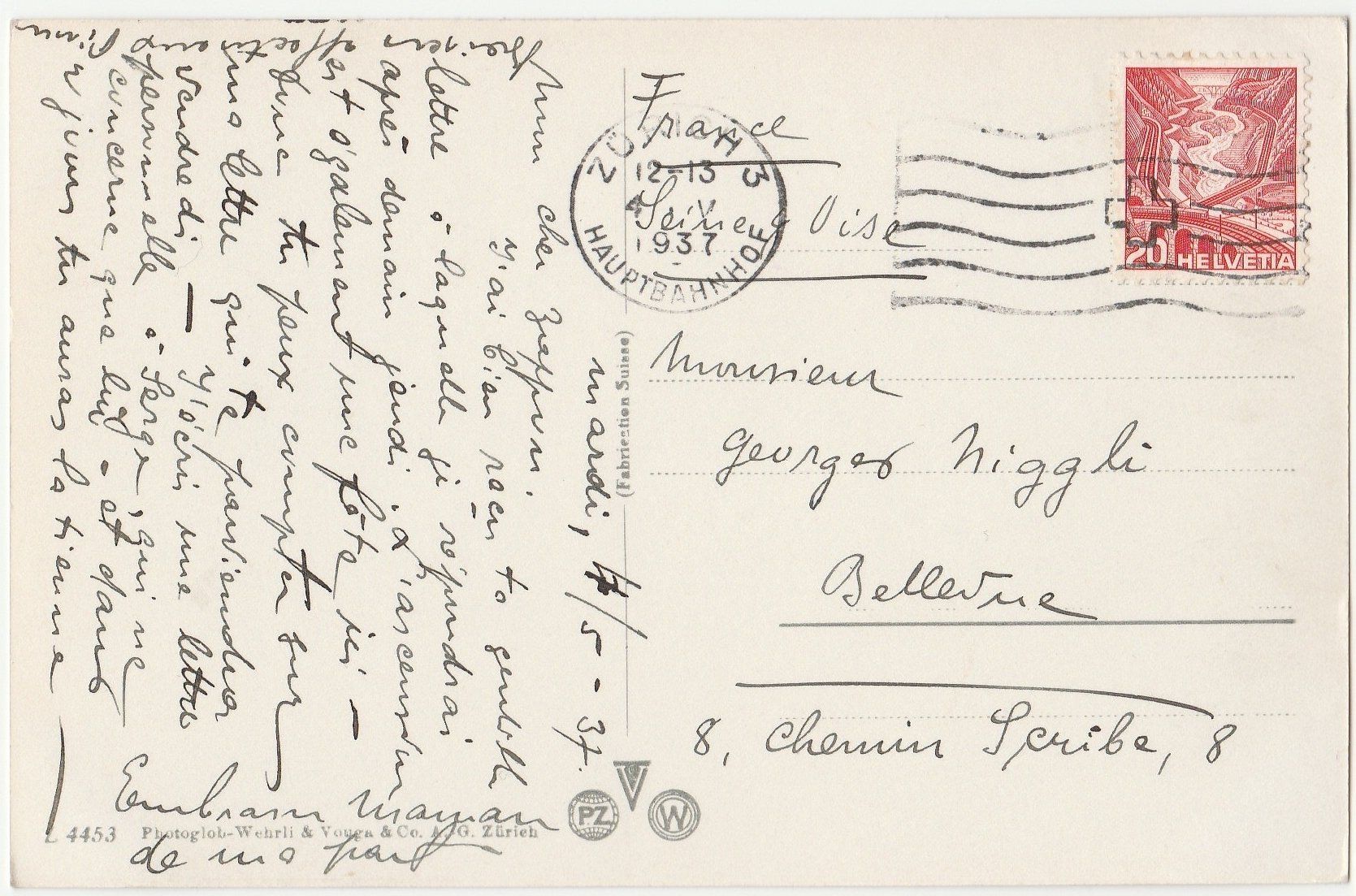 Ansichtskarten: Unter-Engadin - (1937) – Gebraucht aus Fällanden von Blausegelfliege 1