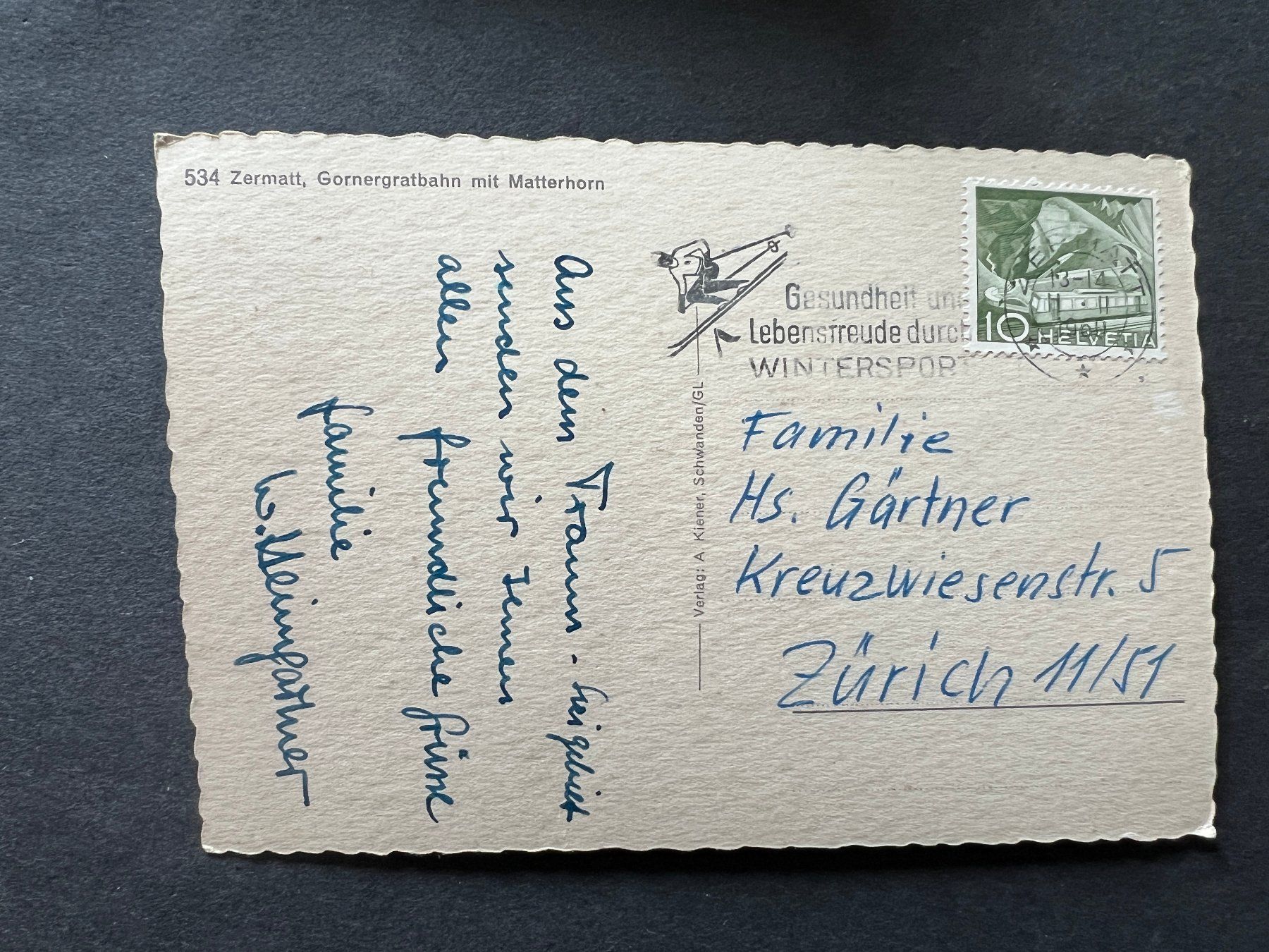 Ansichtskarten: Ansichtskarte Zermatt Eiger 1950  (M175) – Gebraucht aus Hinwil von Sidi4 1