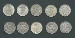 10 x 2 Fr. Silbermünzen div. Jahrgänge