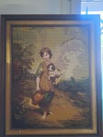 Gobelin Bild Junge mit Hund gerahmt guter Zustand