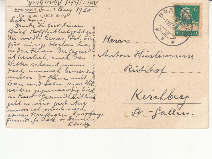 Ansichtskarten: Braunwald Hüttenberg 1930 – Gebraucht aus Bürglen TG von StampGraf 1