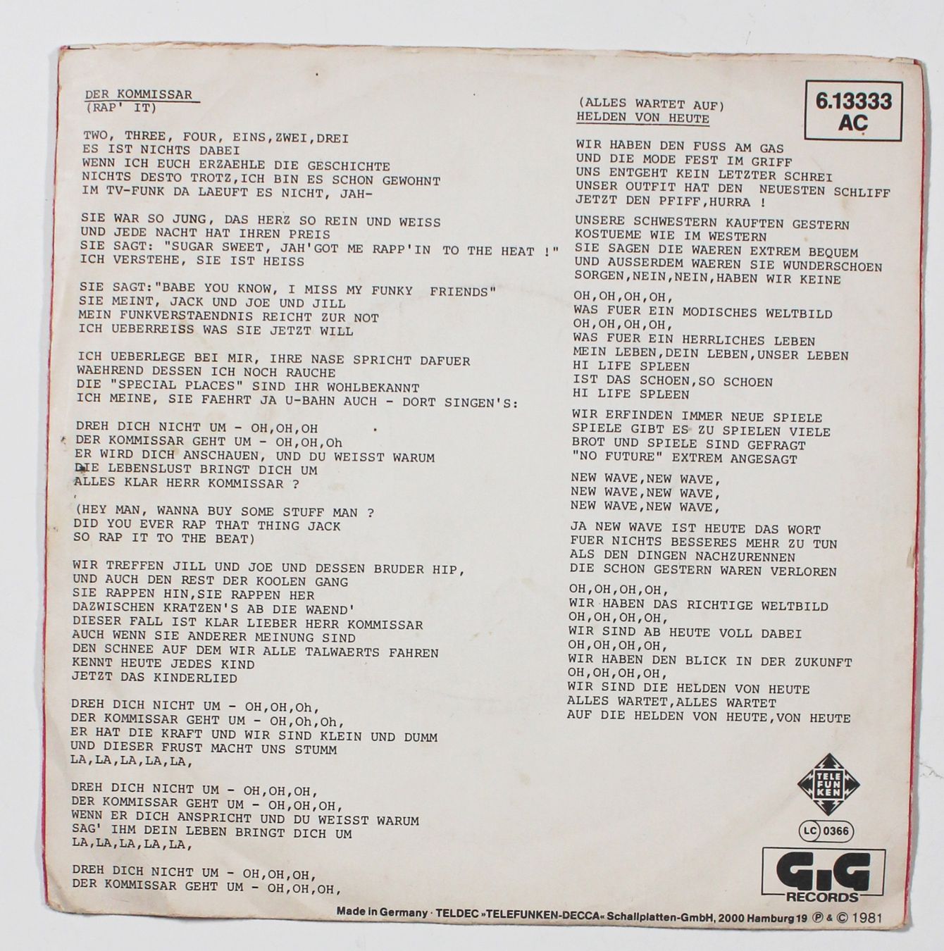 Dischi in vinile: 7" FALCO - DER KOMMISSAR 1981 – Usato da Brüttisellen venduto da Collector-Corner 2