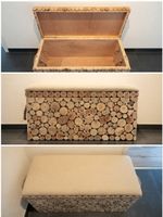 Aufbewahrungstruhe Holzscheiben mit Sitzpolster beige
