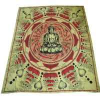 Tagesdecke Buddha Lotus XL Batik Baumwolle Grün Rot Indien
