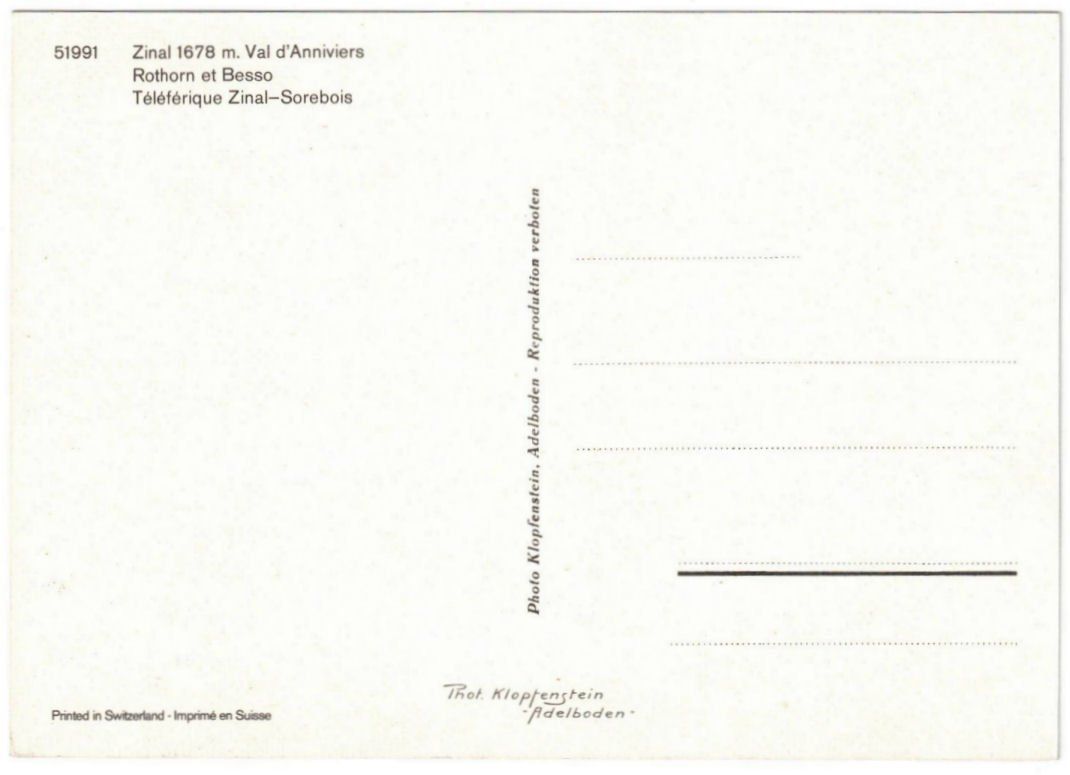 Cartoline postali: Zinal - Luftseilbahn Sorebois – Usato da Binningen venduto da Mountainrider 1