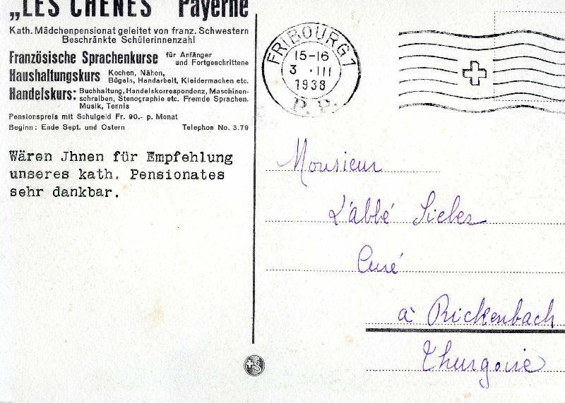 Cartoline postali: Peyerne - Pensionat + 1938 – Usato da Emmenbrücke venduto da teestube 1