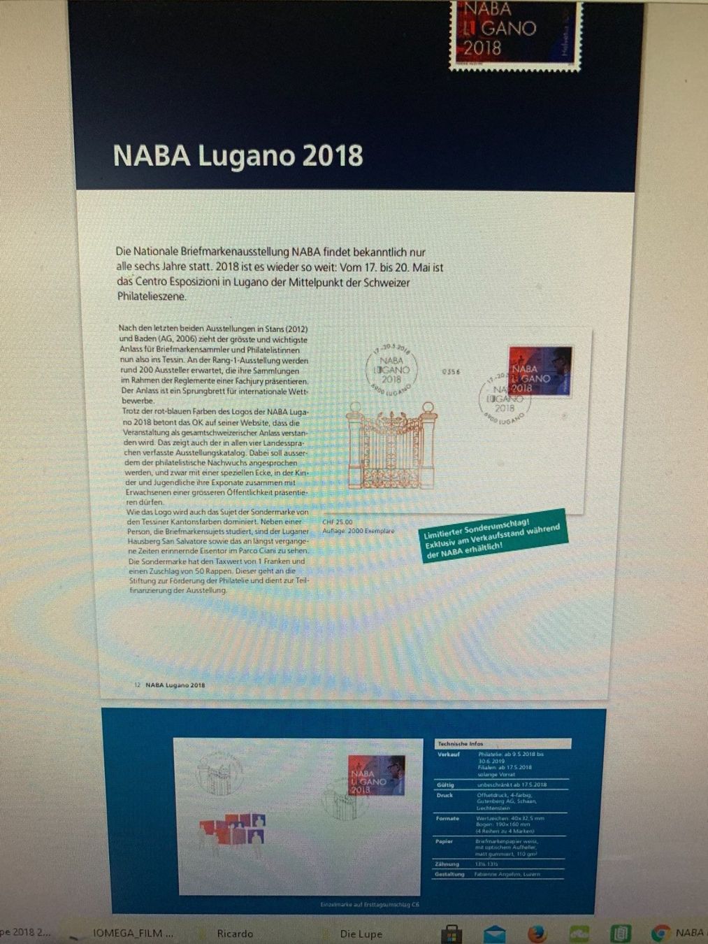 Alle Briefmarken: NABA Lugano, 2018 , FDC limitierte Ausg. – Neu und originalverpackt aus Arch von seil819 1