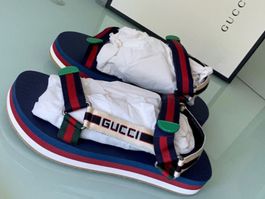 GUCCI Bedlam Logo Strap Blau Sandals Sandale 44 NEU