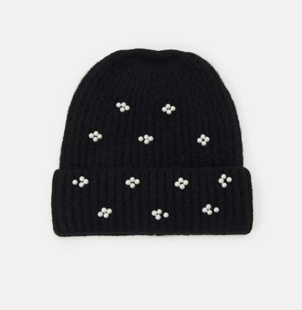 Winter Mütze Damenmütze mit Perlen Schwarz