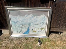 Grosses schönes Winter Oel Gemälde signiert Platin Rahmen