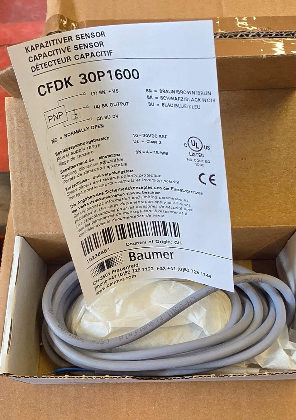 Componenti elettronici: *NEU Baumer CFDK 30P1600 Capacitive Level Sensor PNP NO 15mm – Nuovo e nell'imballaggio originale da Fraubrunnen venduto da wol_ql9p