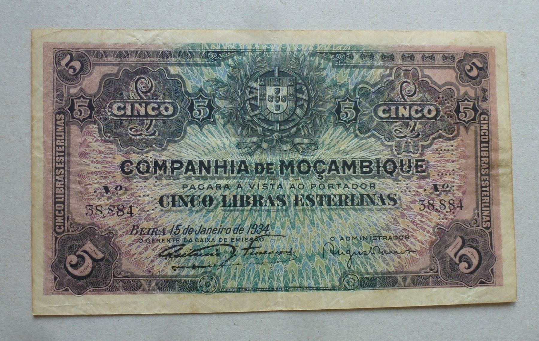 Banconote: Mocambique ++ 5 Libras Esterlinas 1934 – Usato da Walkringen venduto da Casablanca777