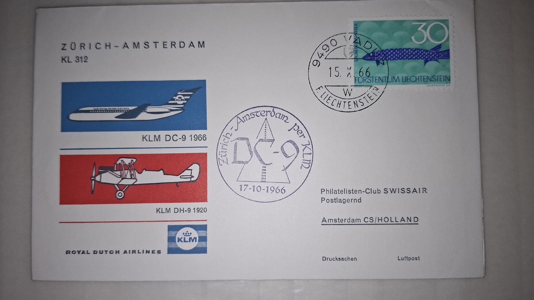 Tutti i francobolli: KLM Zürich - Amsterdam 17.10.1966 – Usato da Balgach venduto da SIMEON27