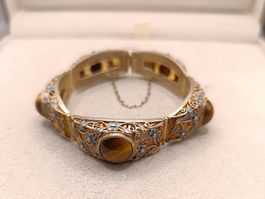 Vintage 925erSilber vergoldete Armband Email Tigerauge Top