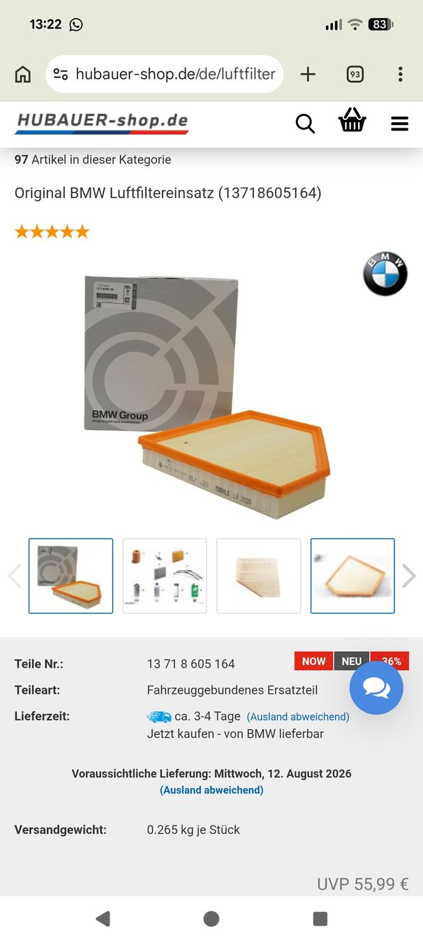 BMW Ventilazione: Luftfilter BMW Original 13718605164 neu – Nuovo (secondo la descrizione) da Villmergen venduto da rolling_thunder