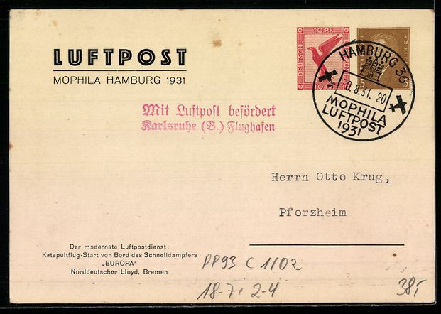Cancelleria postale: Ganzsache PP93 C1 /02: Hamburg, Luftpost – Usato da Berlin venduto da bartko-reher 1