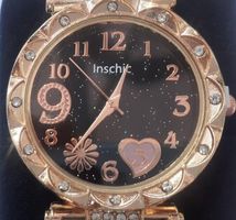 Billigst Uhr, rosé Töne, schwarzes Zifferblatt, Magnetband