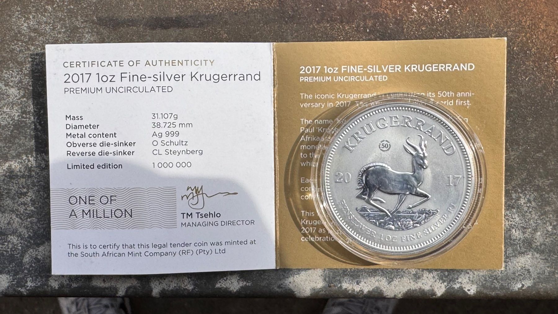 Tutti le monete: Silber Krügerrand 1oz 2017 - 50th Anniversary – Nuovo e nell'imballaggio originale da Birsfelden venduto da Berg41_7 2
