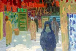 LEO DECK (Swiss 1908-1997) Färbermarkt, Öl/Karton, um 1950