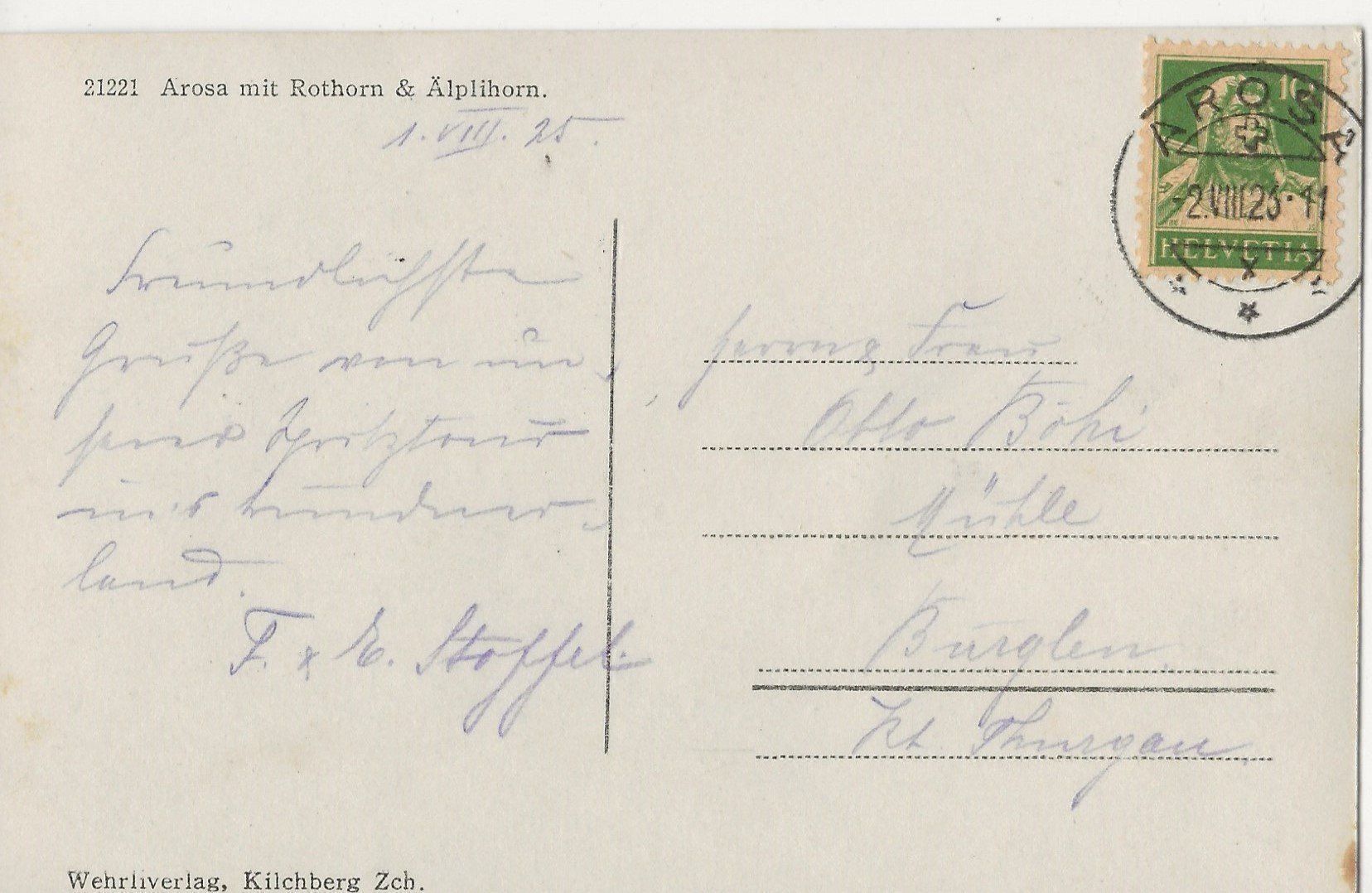 Ansichtskarten: Arosa, 1926 – Gebraucht aus Frauenfeld von Merk52 1