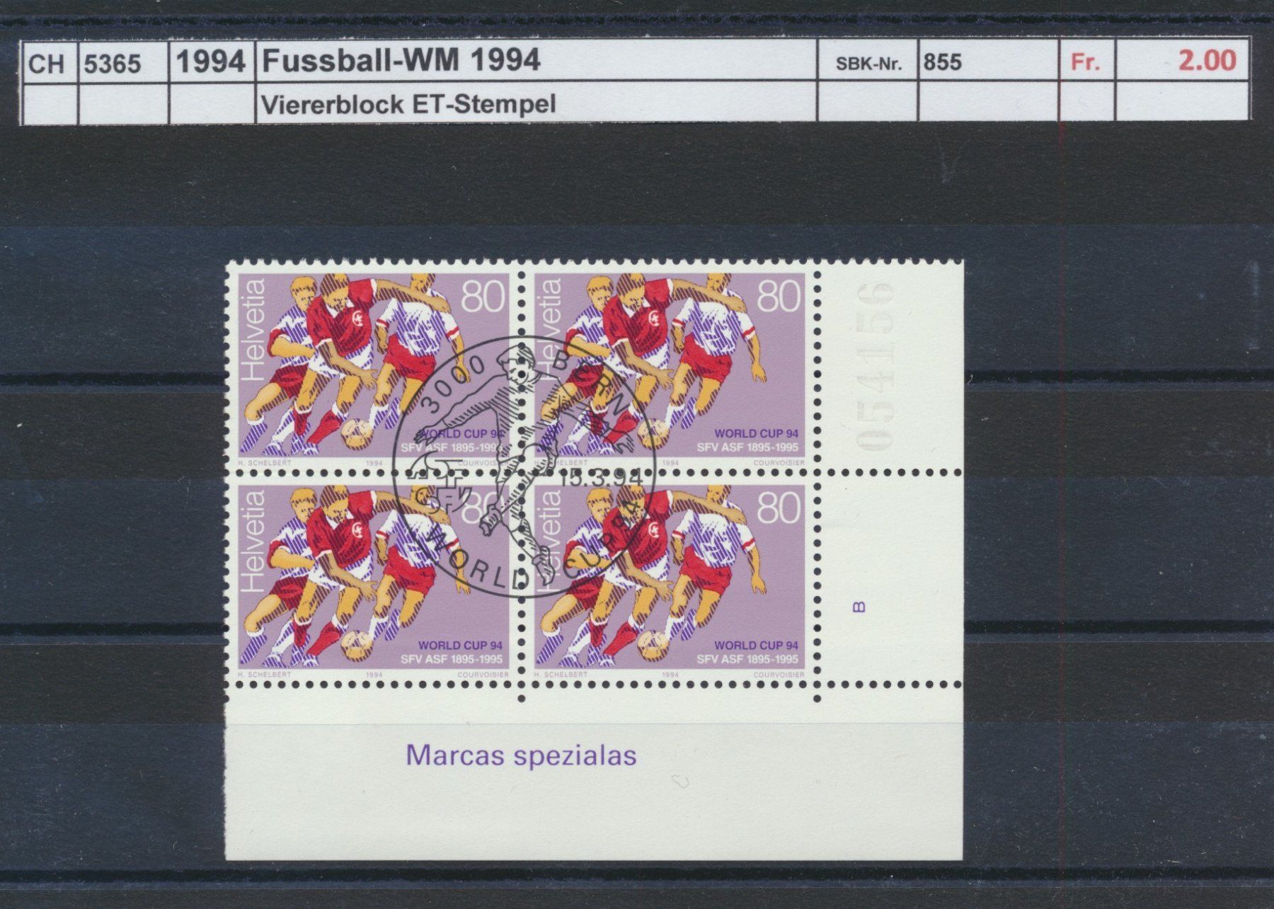 Tous les timbres: 1994 "Fussball - WM", Viererblock, ET - Stempel – D'occasion à Winterthur par Zupogeru
