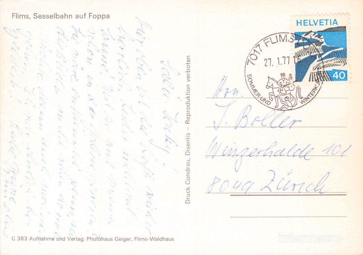 Cartoline postali: Flims GR // 1977 Sesselbahn Foppa // Sessellift – Usato da Basel venduto da intermezzo12 1