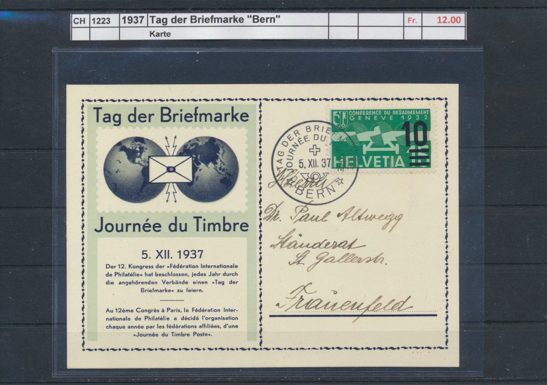Tutti i francobolli: 1937 Tag der Briefmarke, "Bern", Karte – Usato da Winterthur venduto da Zupogeru