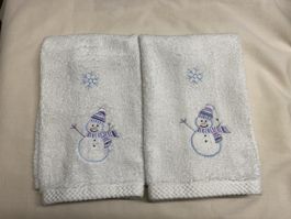2x Christmas Snowman Embroidered White Decor Hand Towels NEW