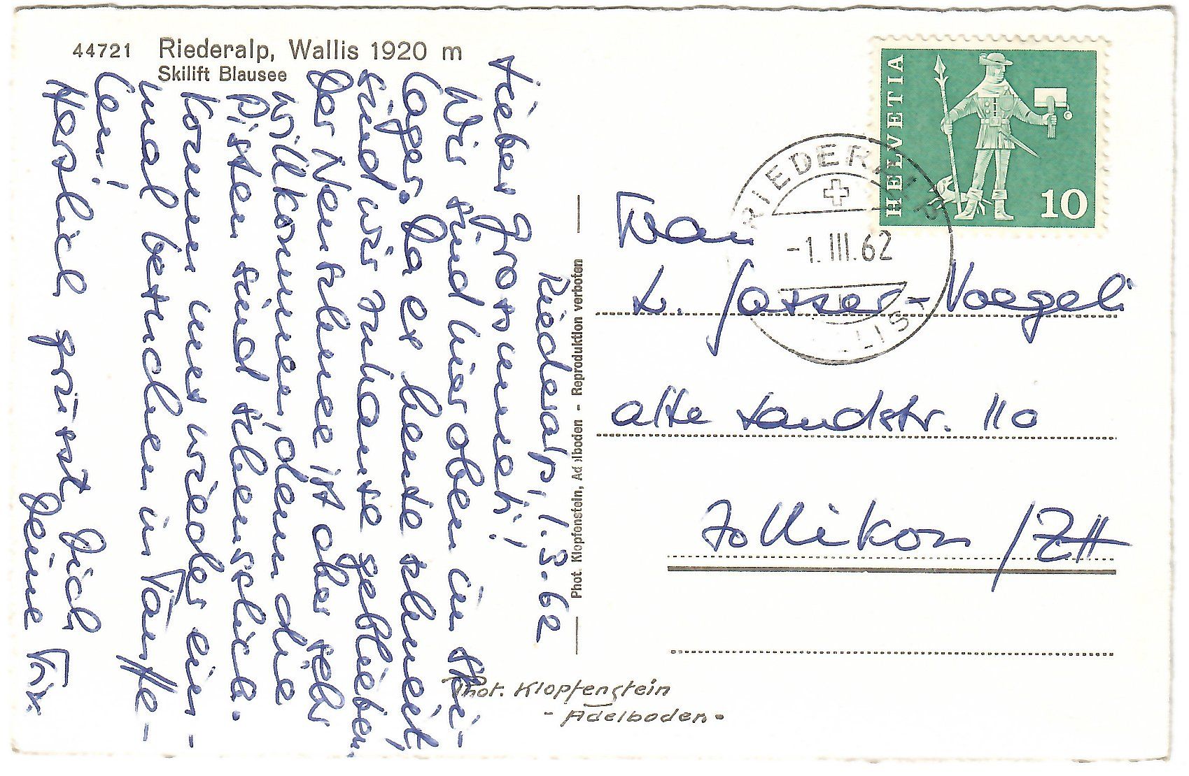 Cartoline postali: Ansichtskarte Riederalp,  Skilift Blausee – Usato da Kerns venduto da etma3 1