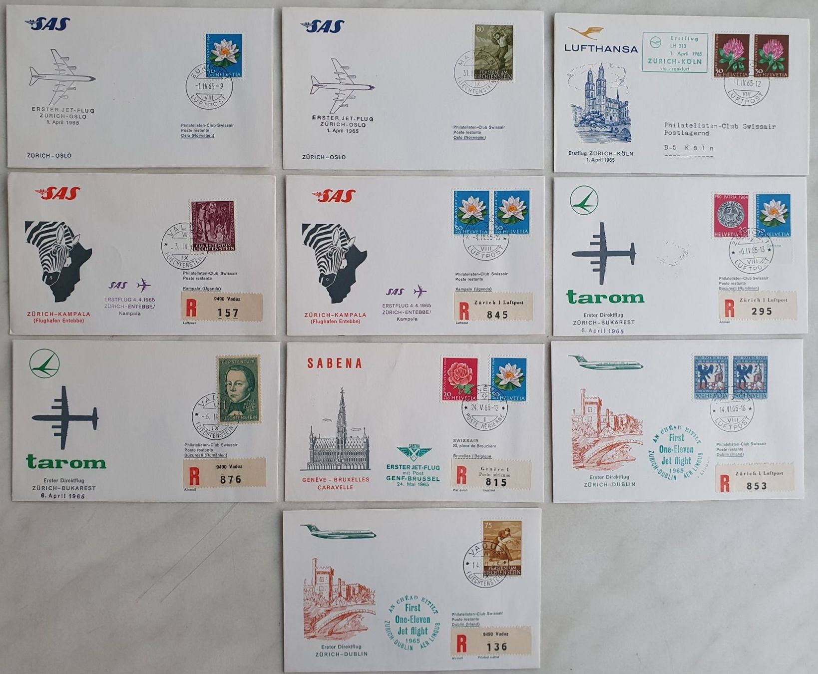Alle Briefmarken: 10 Erstflüge 1965 – Gebraucht aus Fislisbach von Zigzag12