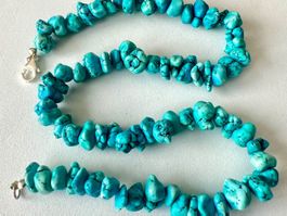 Türkis Edelstein Nugget Collier 42 cm Silberschliesse Unikat
