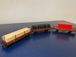 3x Rungenwg / wagons ranchers chargés bois, tubes, container