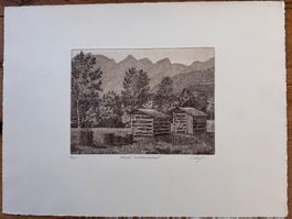 Radierung Rheintal Torfstechen
