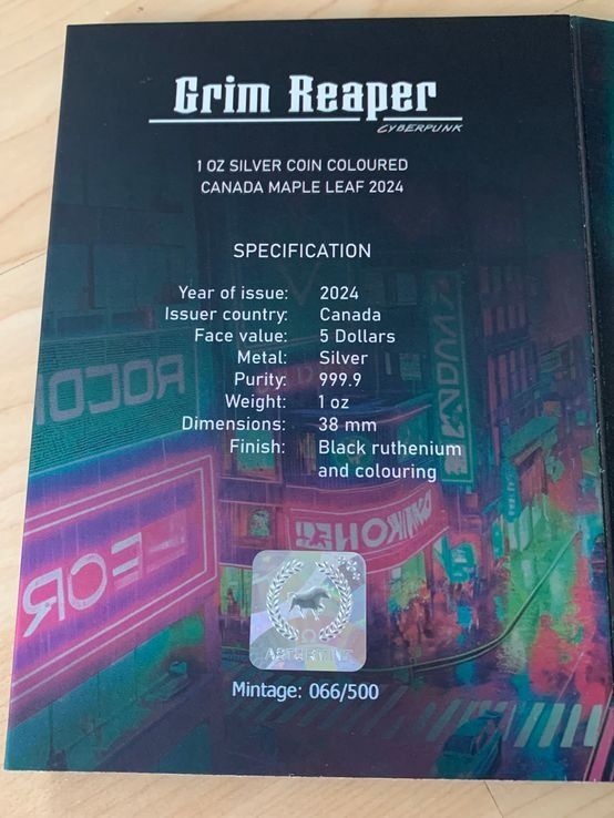 Tutti le monete: Grim Reaper Cyberpunk 2024 Maple Leaf 1oz SILBER -COLOR EDIT – Nuovo (secondo la descrizione) da Wetzikon ZH venduto da Nicki6 5