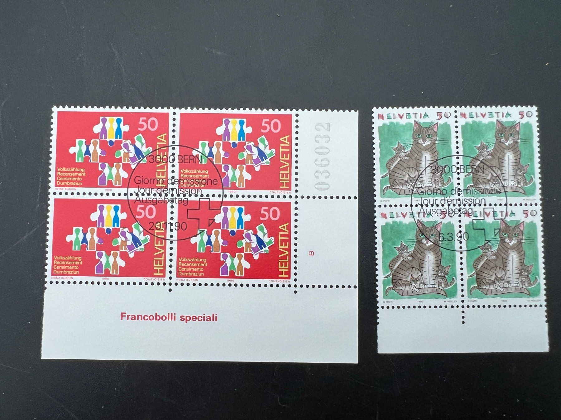 Tutti i francobolli: 1990  Erstag gest.Viererblock mit Tab (K53) – Usato da Hinwil venduto da Sidi4