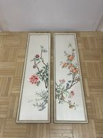 2x Japanische Seiden Stickerei Vögel Blumen gerahmt vintage
