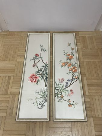 2x Japanische Seiden Stickerei Vögel Blumen gerahmt vintage