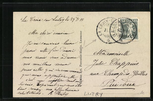 Ansichtskarten: AK Lutry, Vue génerale, 1918 – Gebraucht aus Berlin von bartko-reher 1