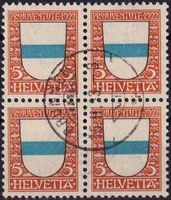 1922, Pro Juventute Nr. J21 Viererblock von BRUNNEN 15.ll.23