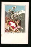 Litho Schweizer Wappen mit Edelweiss