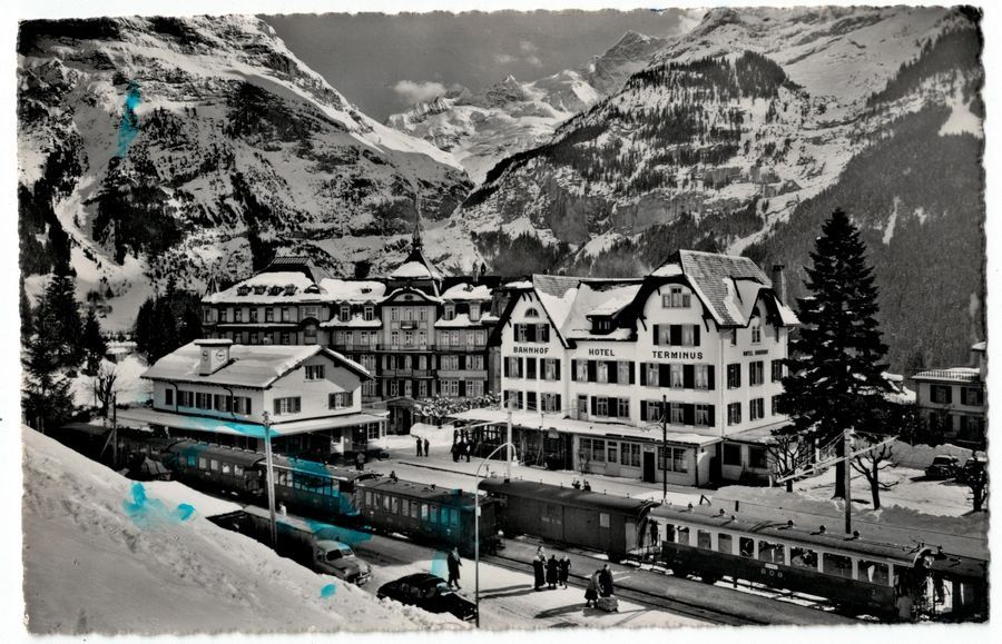 Cartoline postali: Grindelwald, Bahnhof & Hotel Terminus, um 1940-45 – Usato da Frauenfeld venduto da POML