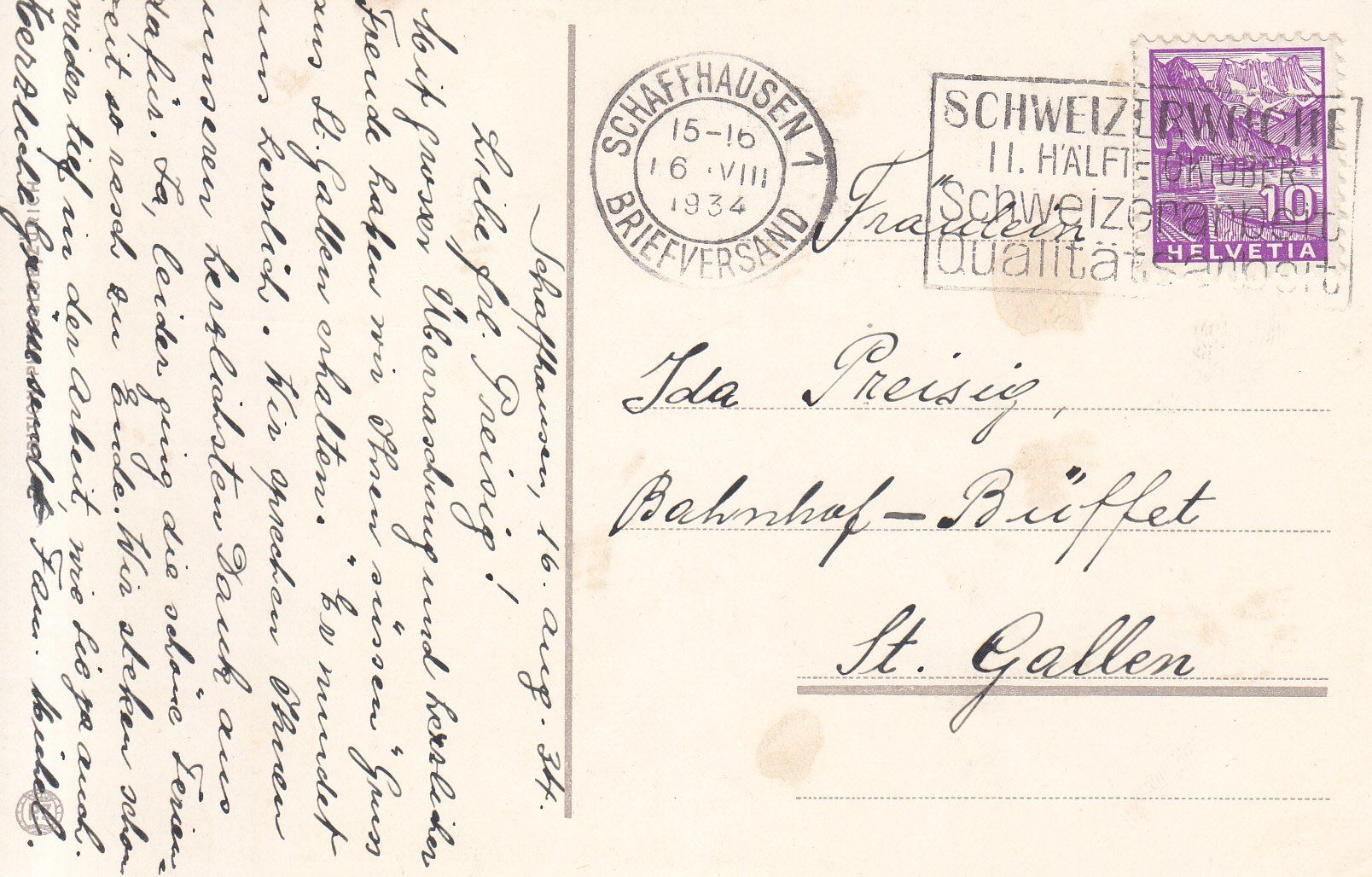 Cartoline postali: Schaffhausen 1934 – Usato da Bürglen TG venduto da StampGraf 1