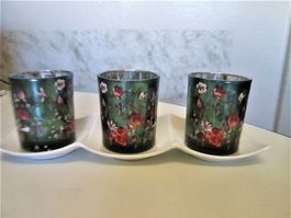 3 Glas-Kerzenhalter mit Teller