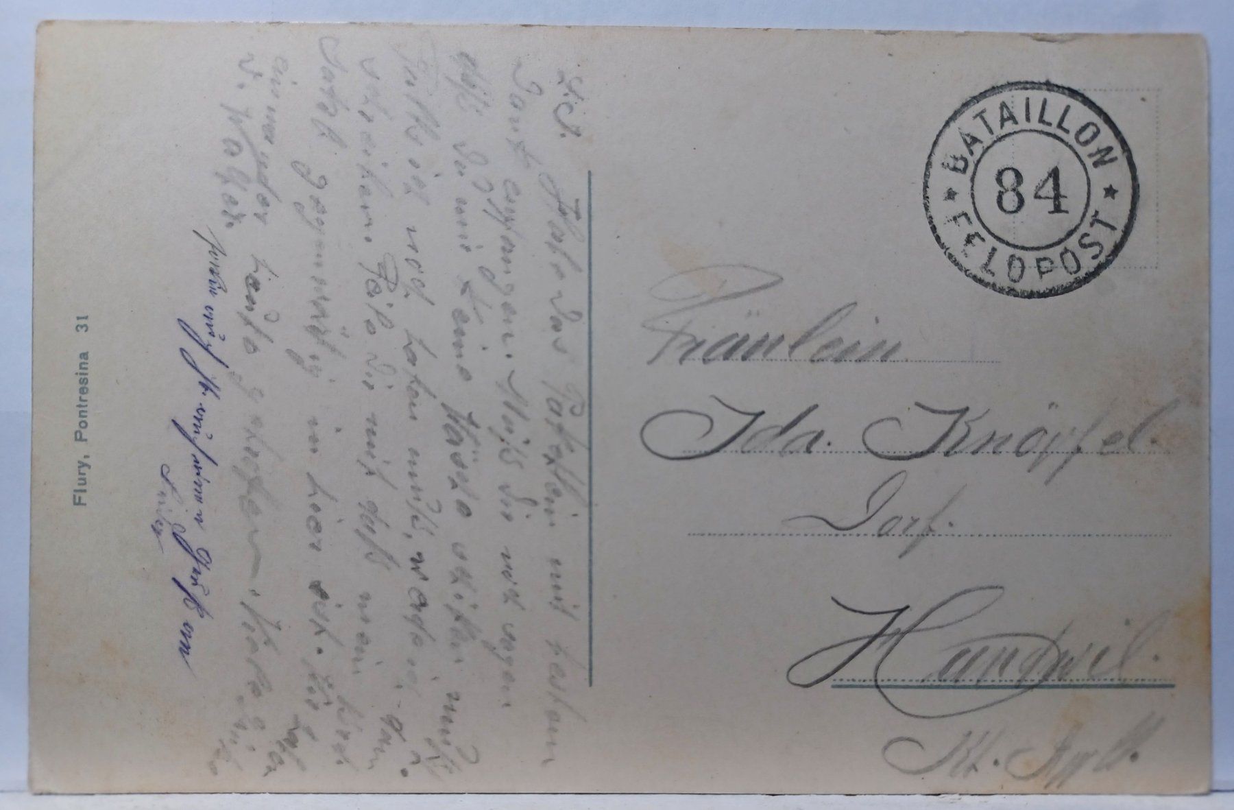 Ansichtskarten: No.31, Pontresina, Feldpost, Bataillon 84 – Gebraucht aus Aarau Rohr von mgvw 1