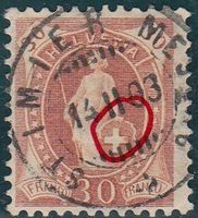 68E.2. Pf. brauner Fleck im Schild rechts auf E-5 gestempelt